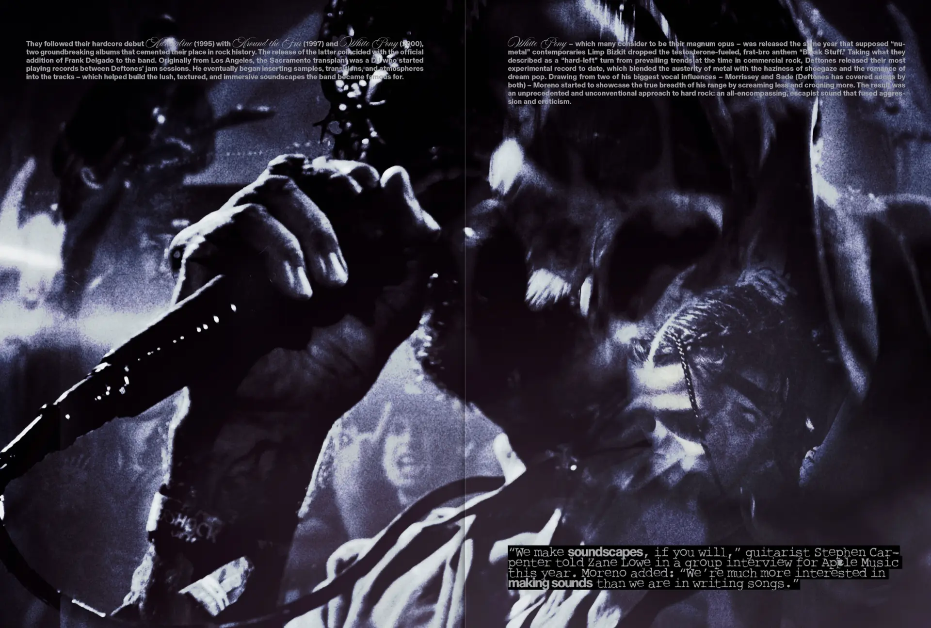 DEFTONES x 032c — black-and-white hands and guitar detail spread
