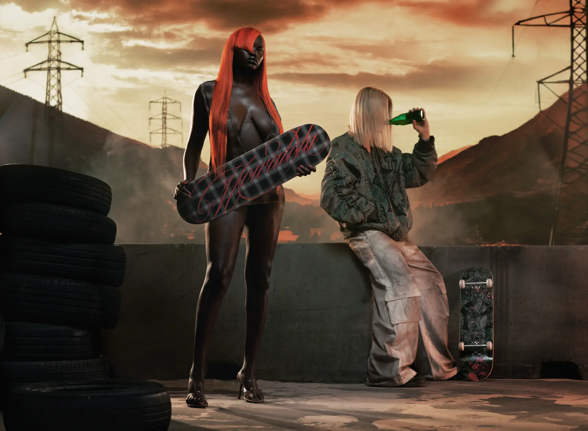 Mowalola — two figures with skateboard and green bottle in industrial dusk