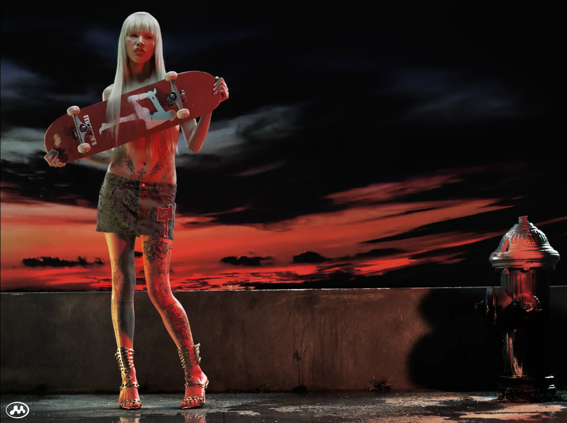 Mowalola — red skateboard against twilight sky