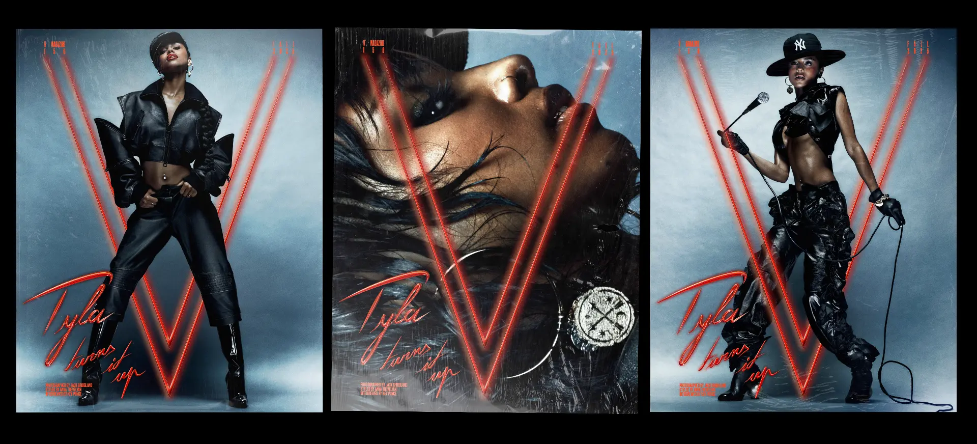 TYLA — V Magazine three-panel spread with red neon V logos and leather looks