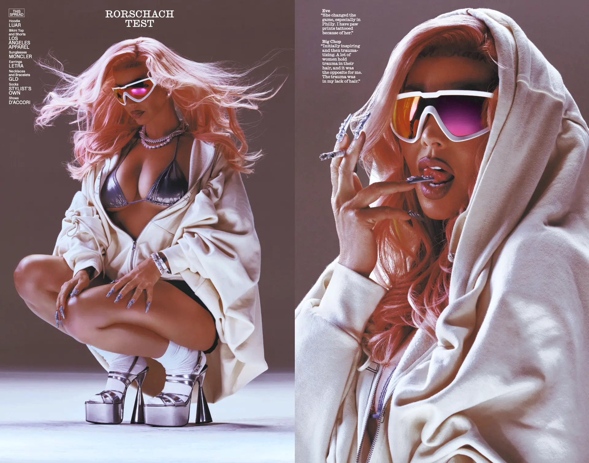 Amber Rose — Rorschach spread in cream hooded jacket and platforms