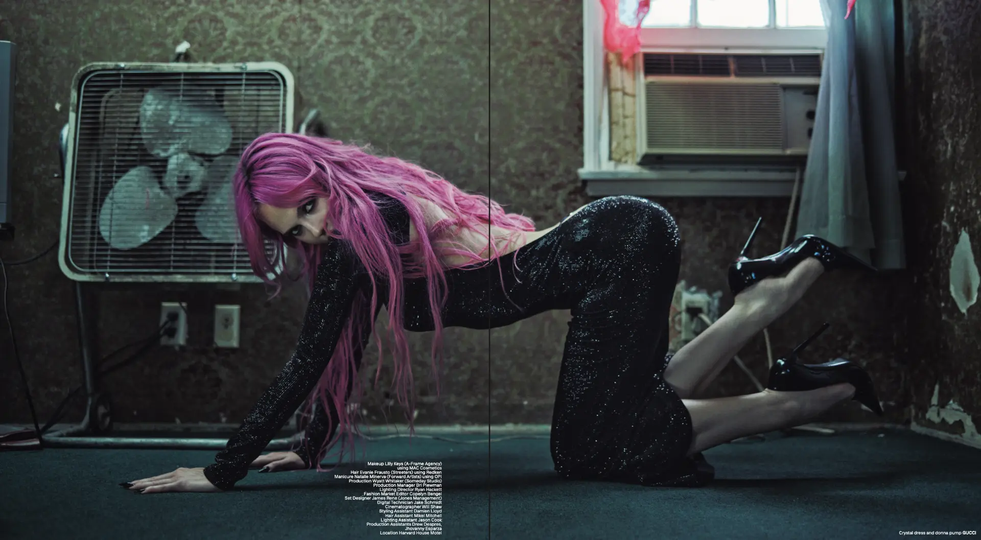 ADÉLA — wide diptych spread kneeling by a fan in a crystal dress
