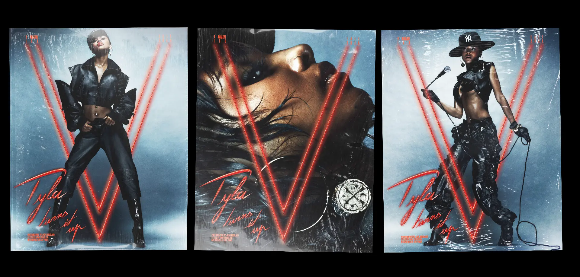 TYLA — V Magazine three-panel spread with red neon V logos and 'Tyla turns it up' headline