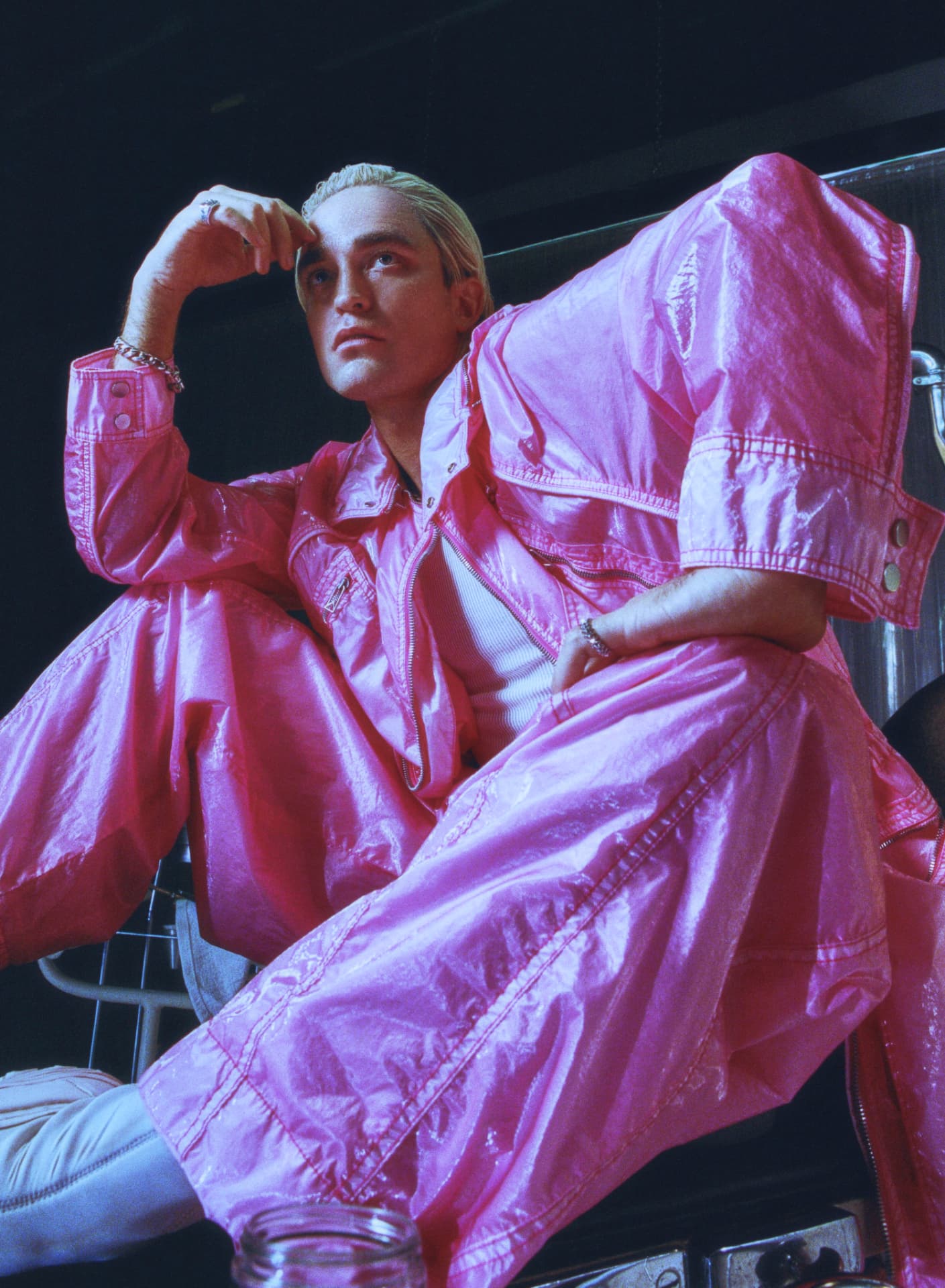 Rob Pattinson GQ — pink jacket seated portrait