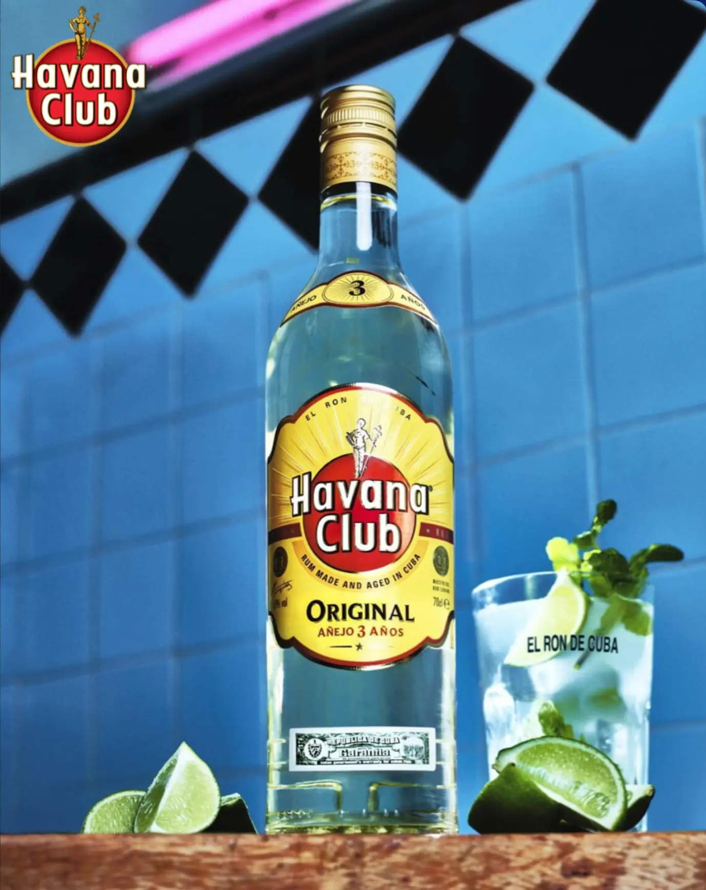 Havana Club — Original 3 Años bottle with mojito glass and lime wedges