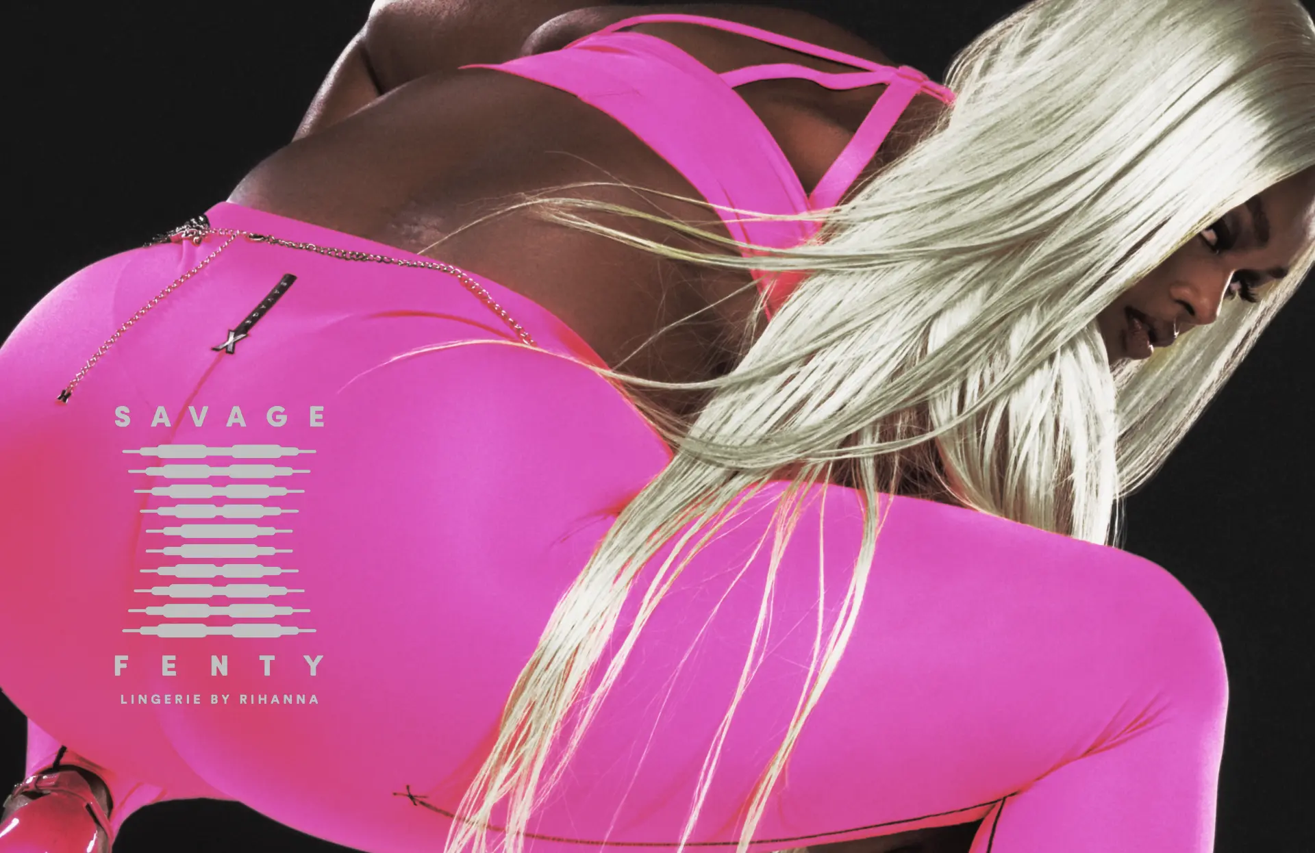 Savage x Fenty — close-up in pink lingerie with long blonde hair