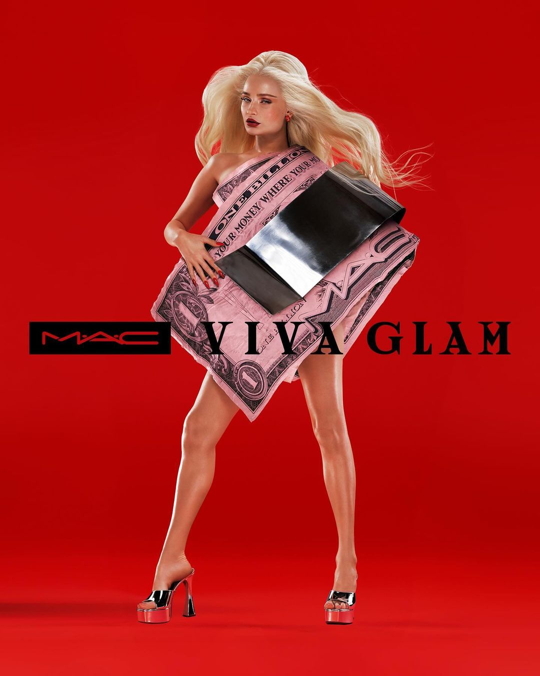 Kim Petras — MAC VIVA GLAM full-length portrait in a pink dollar-bill dress