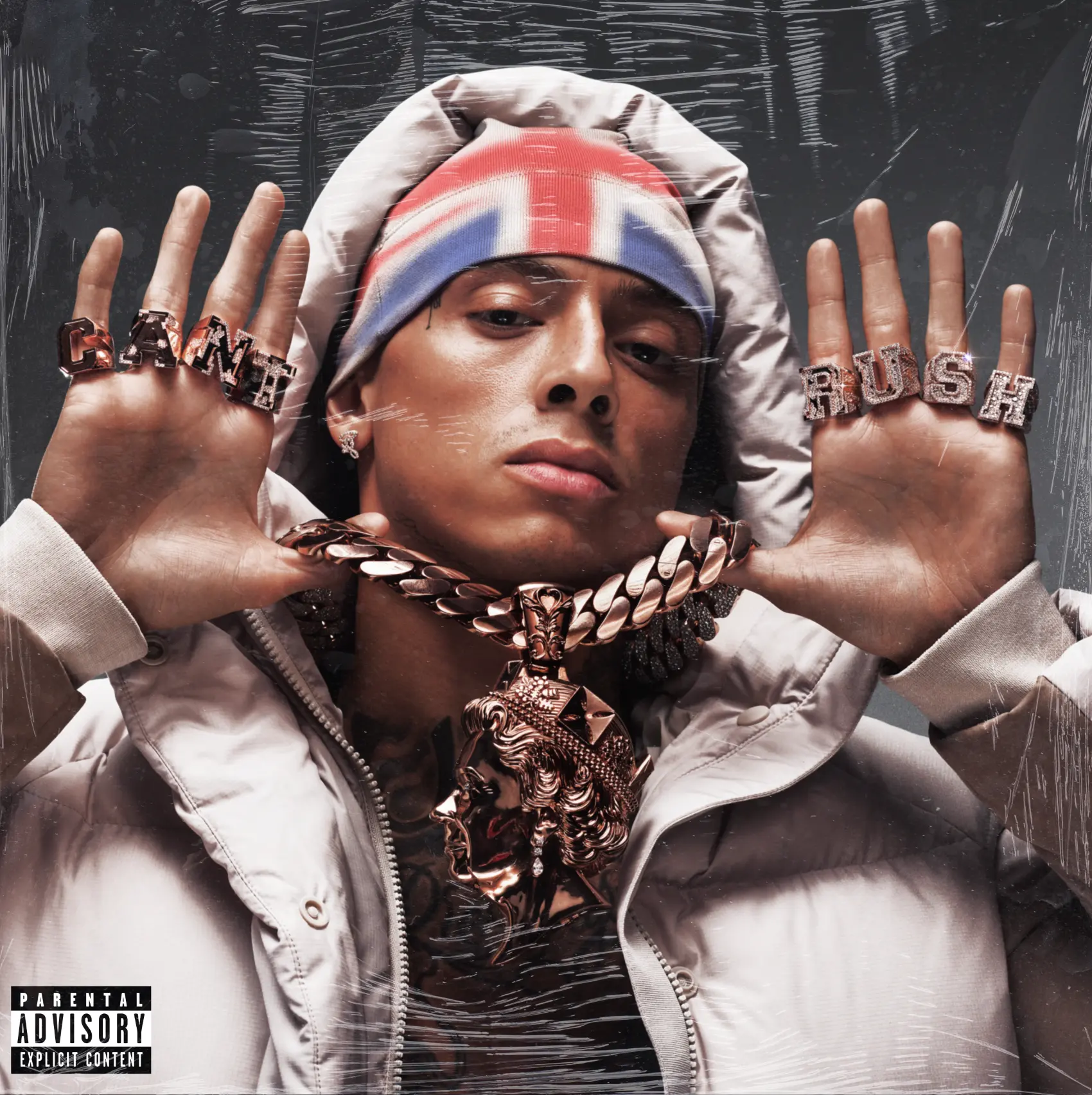 Central Cee — Can't Rush Greatness album cover with CANT RUSH rings, Union Jack beanie, and chrome chain