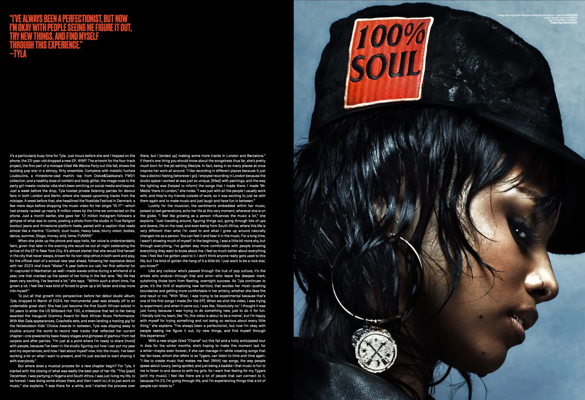 TYLA — V Magazine feature spread with '100% Soul' quote and profile portrait