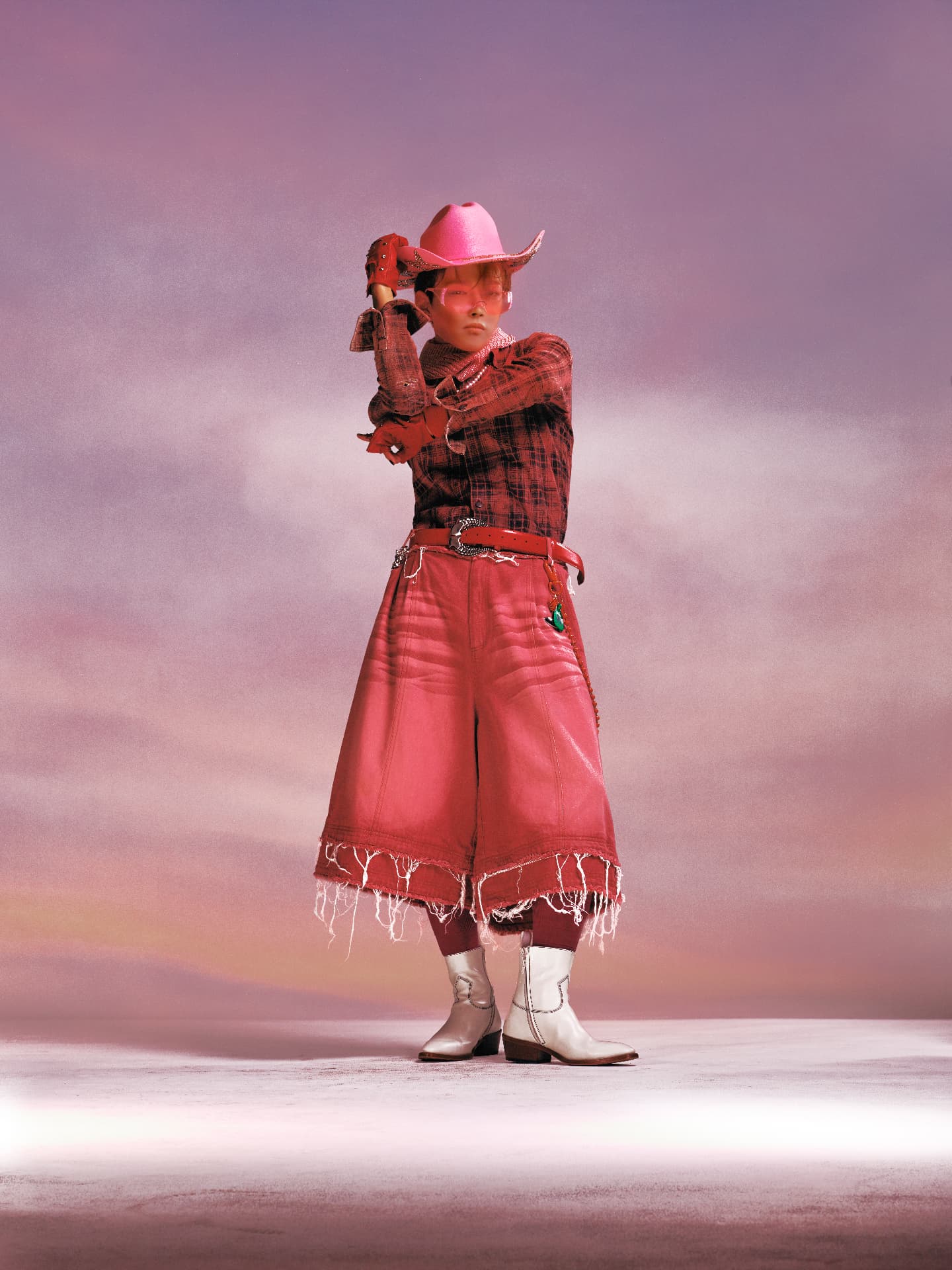 ATEEZ — figure in pink cowboy hat and red plaid against a purple sky