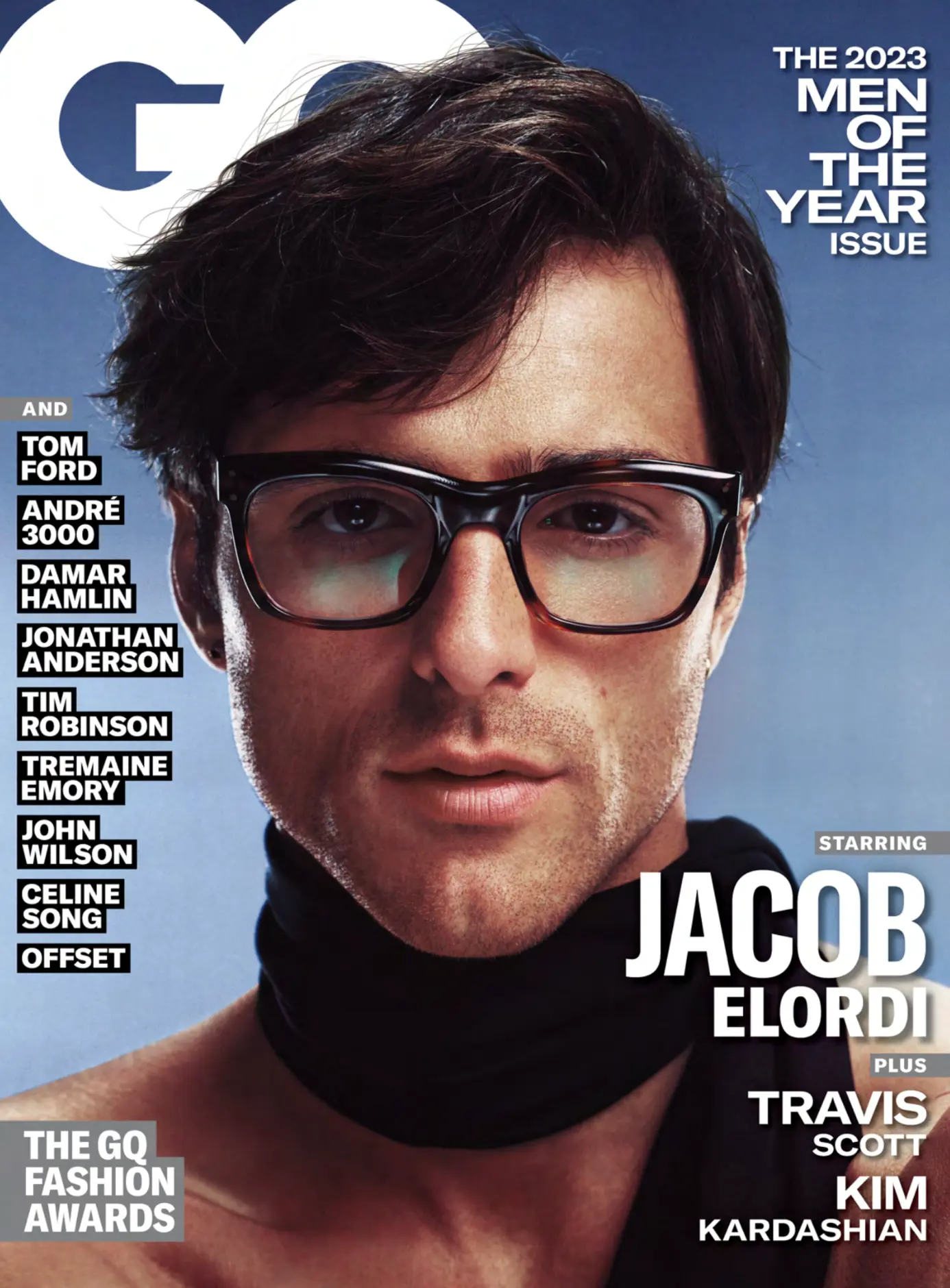 Jacob Elordi — GQ Men of the Year cover portrait with black turtleneck and glasses