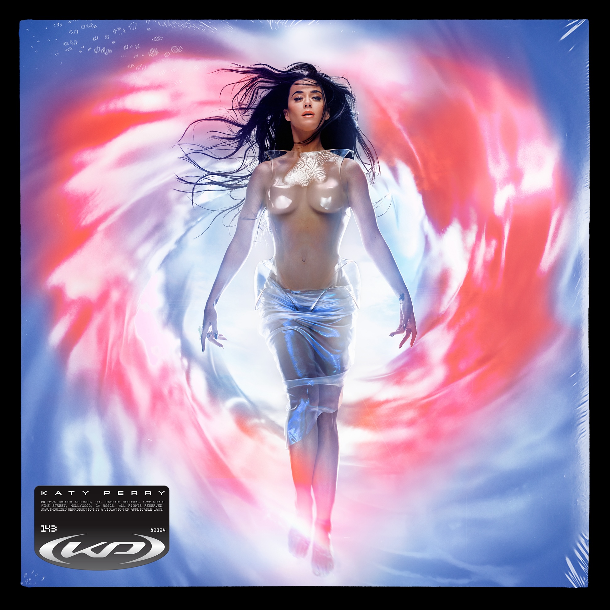Katy Perry — 143 album cover with metallic torso against blue and red swirl