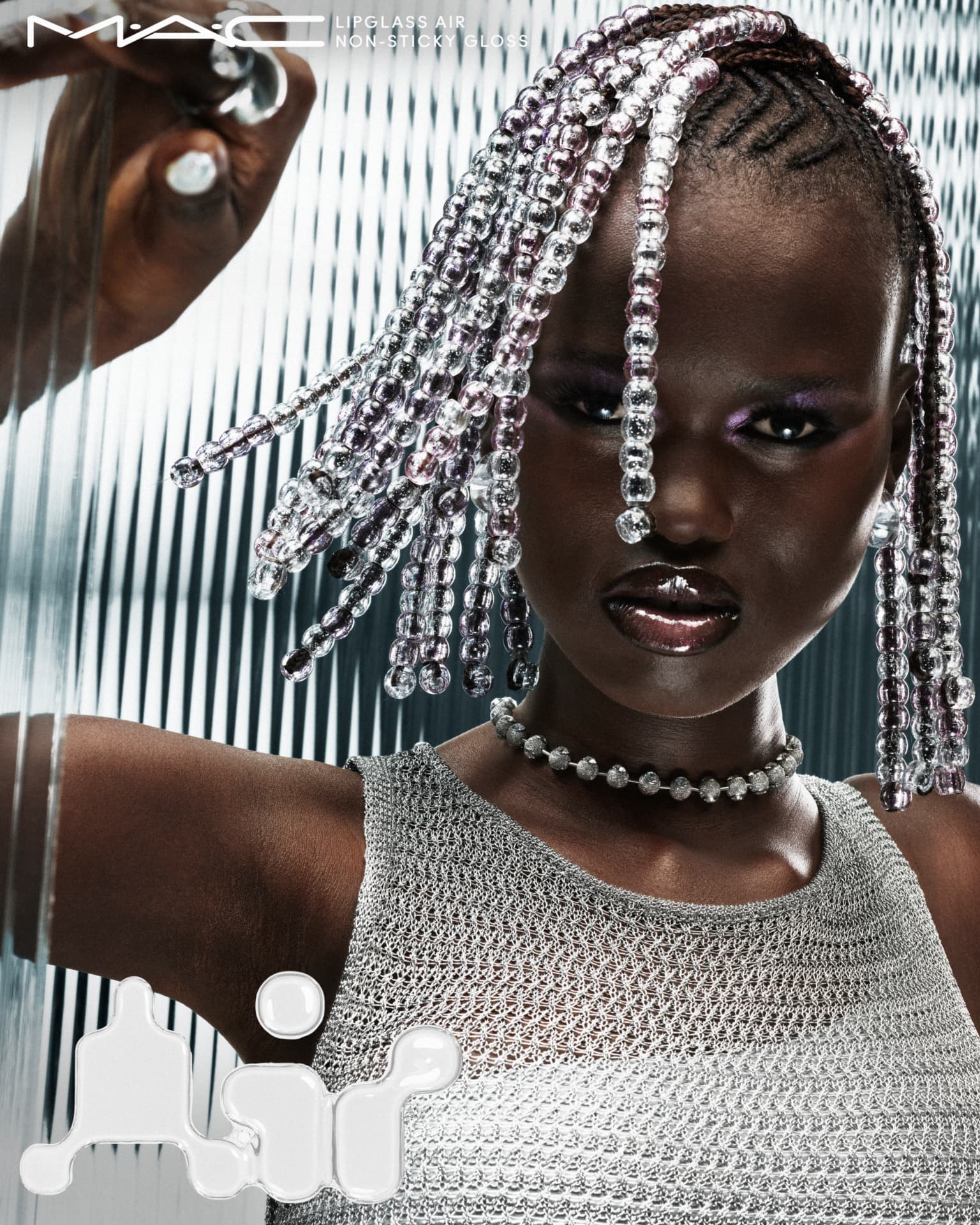 MAC Lipglass Air — beaded-braid portrait with glossy lips