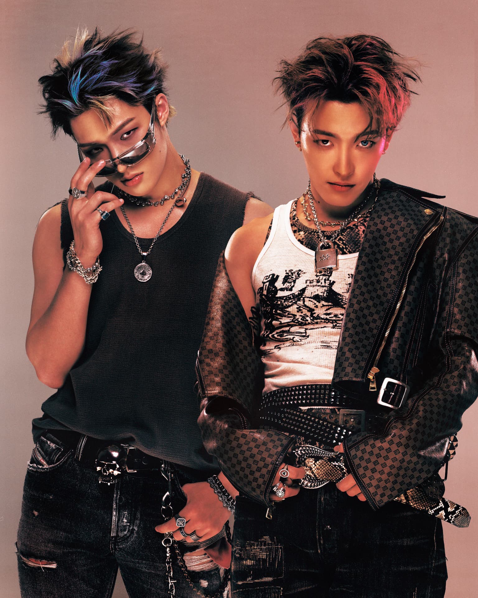 ATEEZ — two members in stylised streetwear portrait