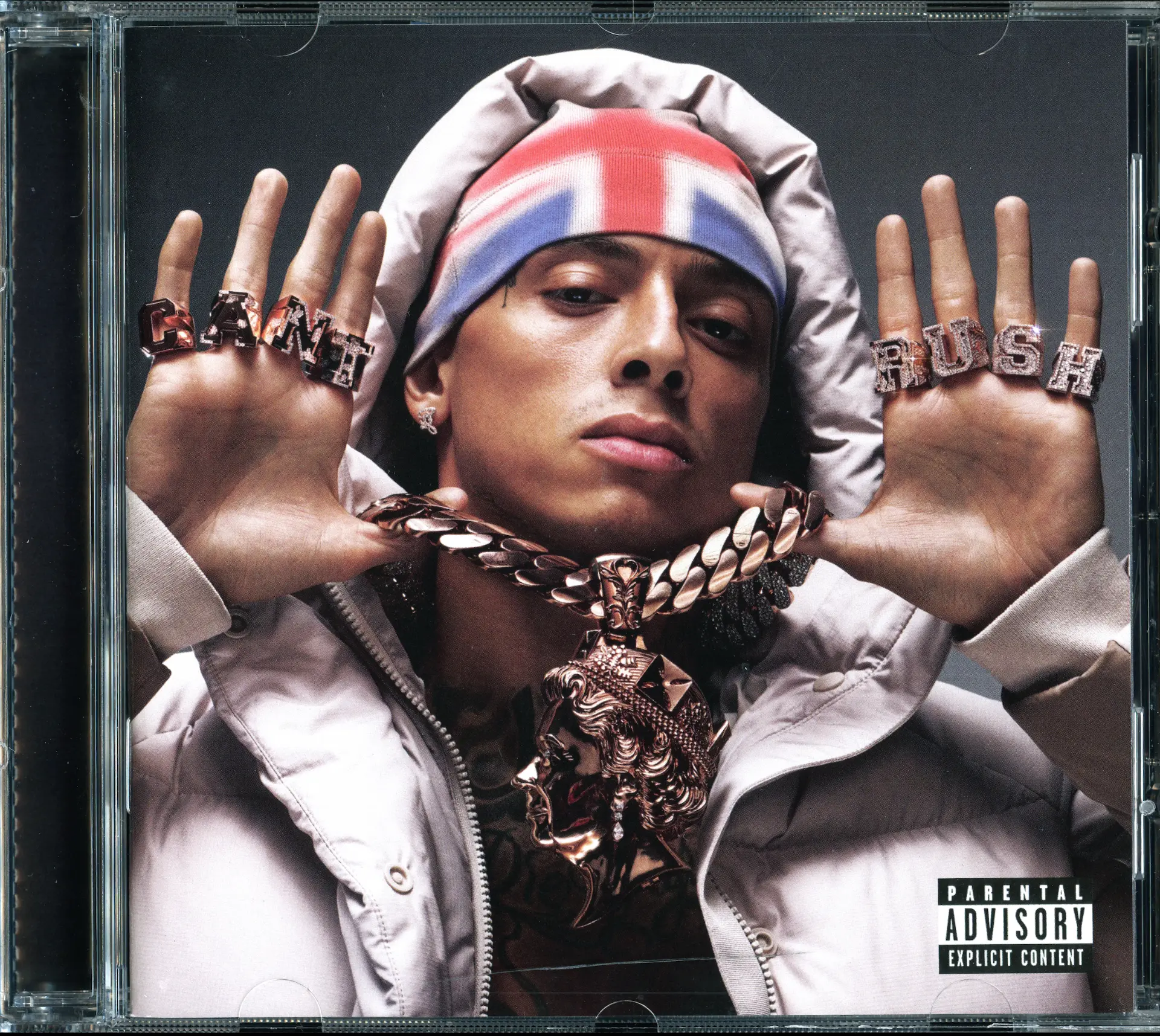 Central Cee — Can't Rush Greatness CD case cover with CANT RUSH rings, Union Jack beanie and Parental Advisory