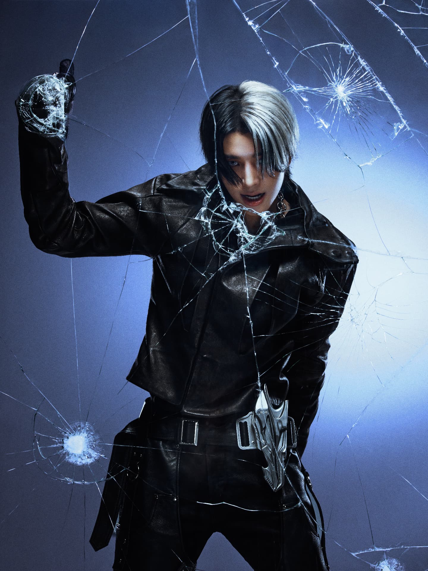 ENHYPEN — Jake behind cracked glass in black leather