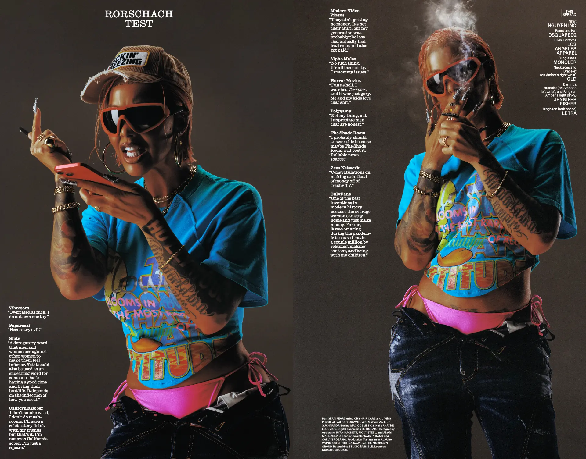 Amber Rose — Rorschach spread with brown trucker hat and blue tee