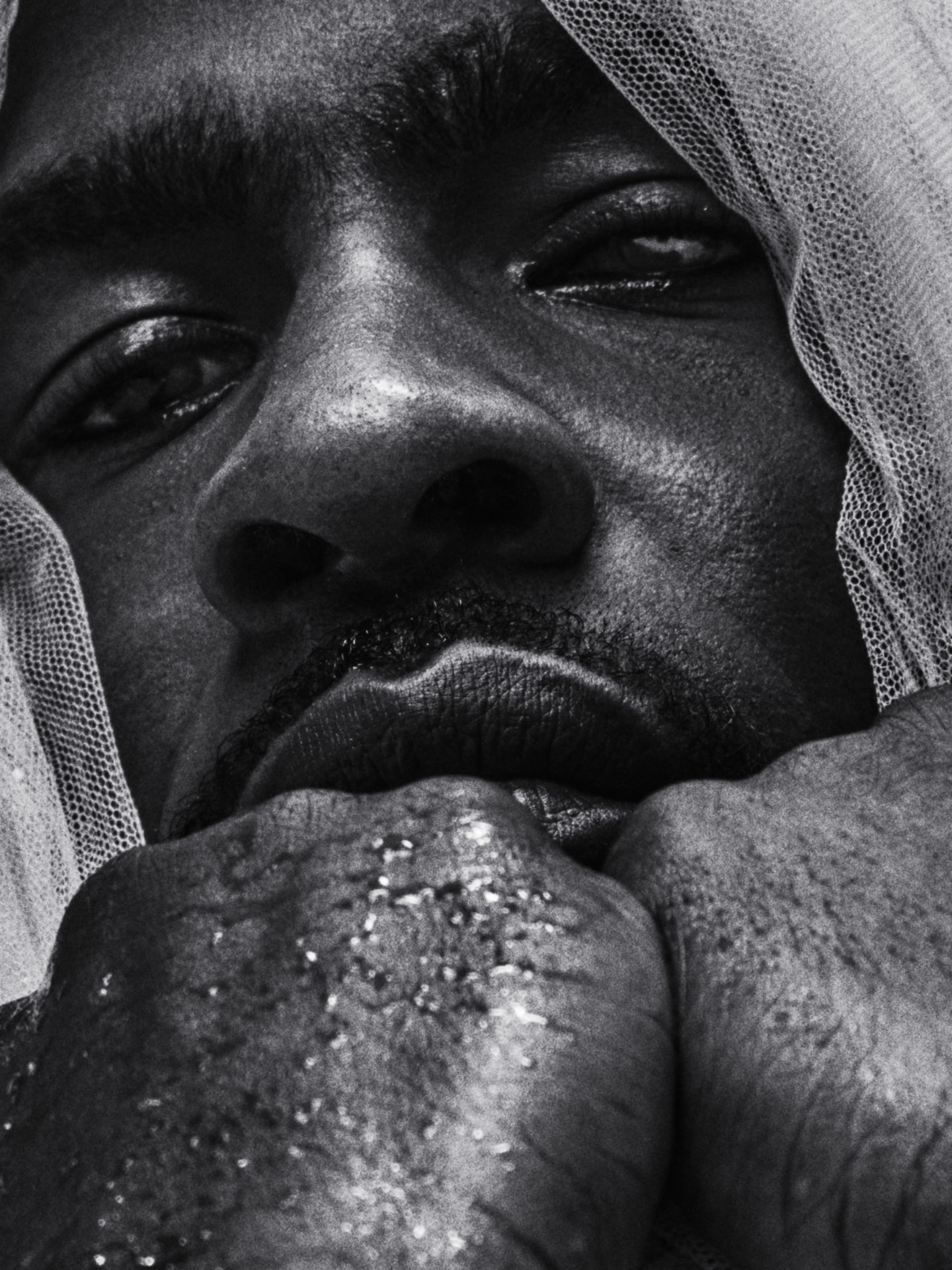 SKEPTA x GQ MOTY — close-up black-and-white portrait with mesh veil