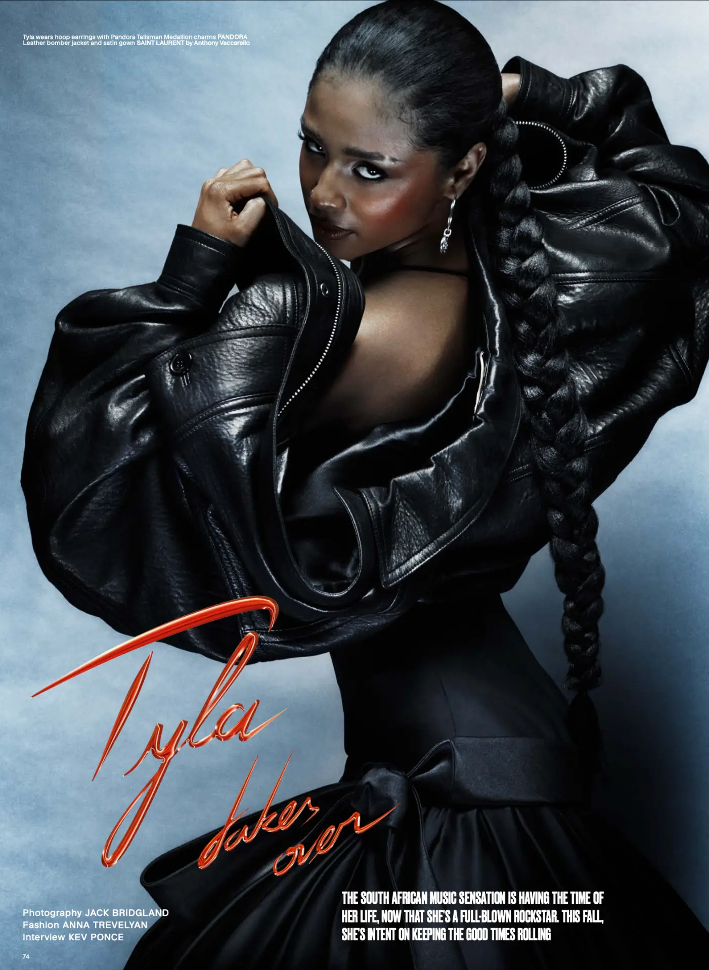 TYLA — cover portrait in Saint Laurent leather bomber and braided ponytail