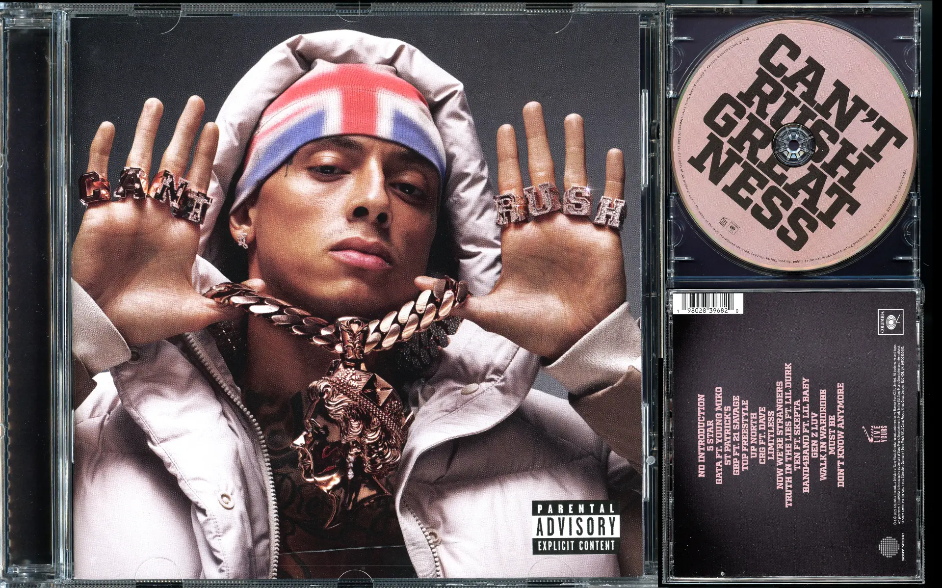 Central Cee — Can't Rush Greatness album artwork with CD case and tracklist