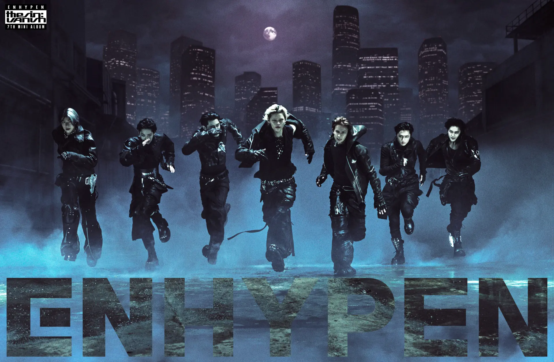 ENHYPEN — group running through a moonlit city with ENHYPEN typography