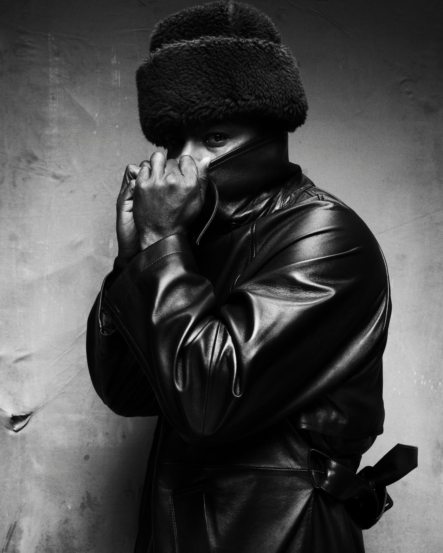 SKEPTA x GQ MOTY — black-and-white portrait in fur hat