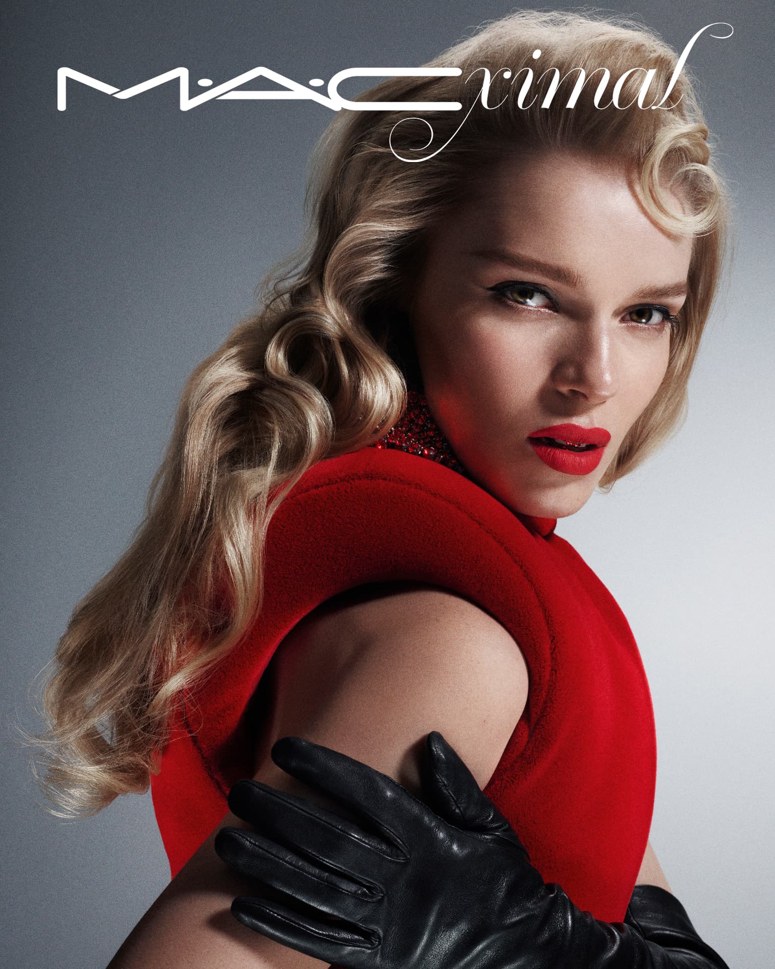 MACximal — blonde model in red top with black gloves