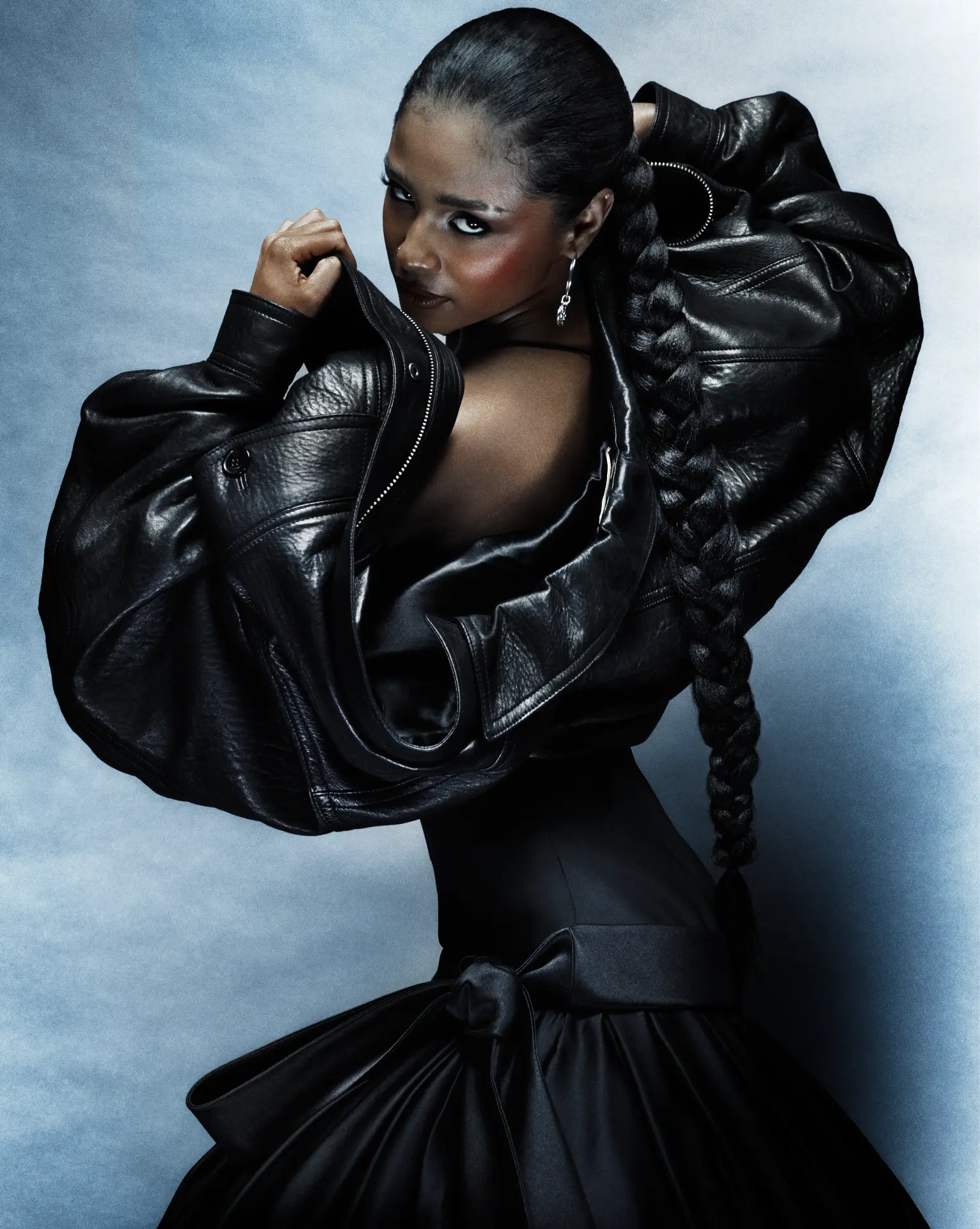 TYLA — V Magazine cover portrait in black leather with braided hair