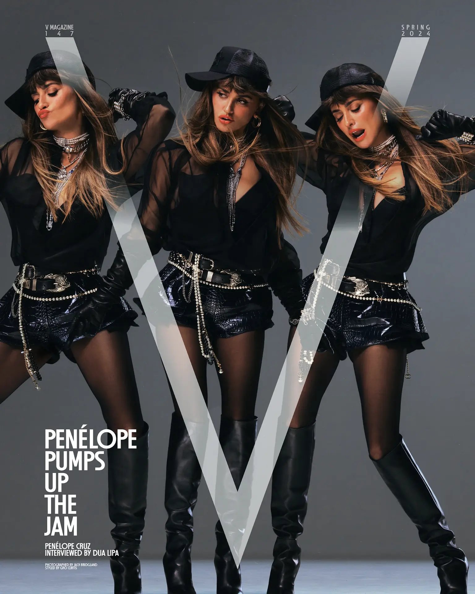 Penélope Cruz — V Magazine triptych spread in all-black leather and pearls