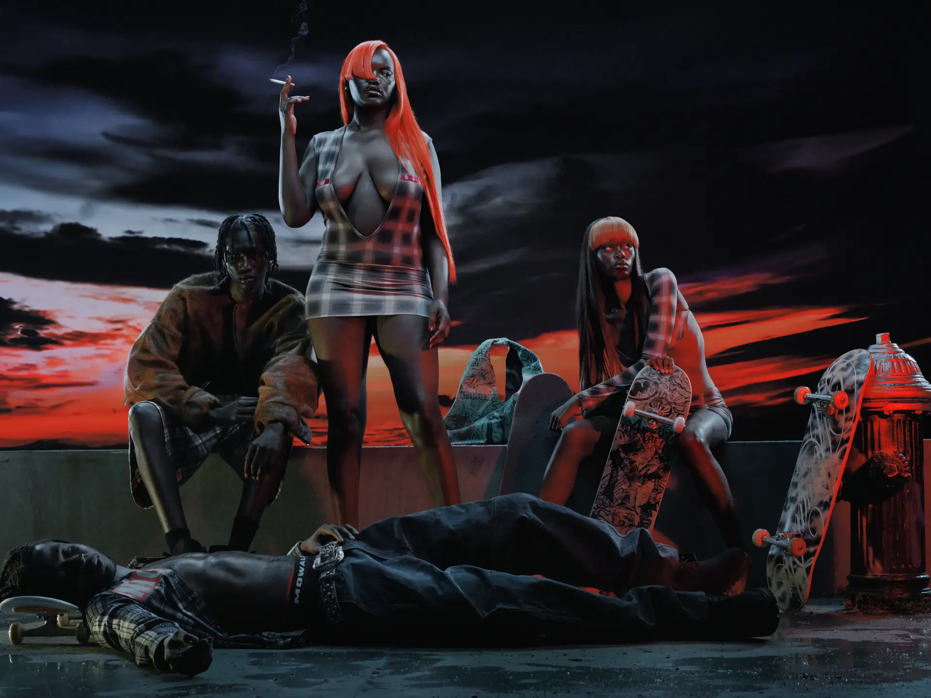 Mowalola — group portrait with red-haired figures and skateboards