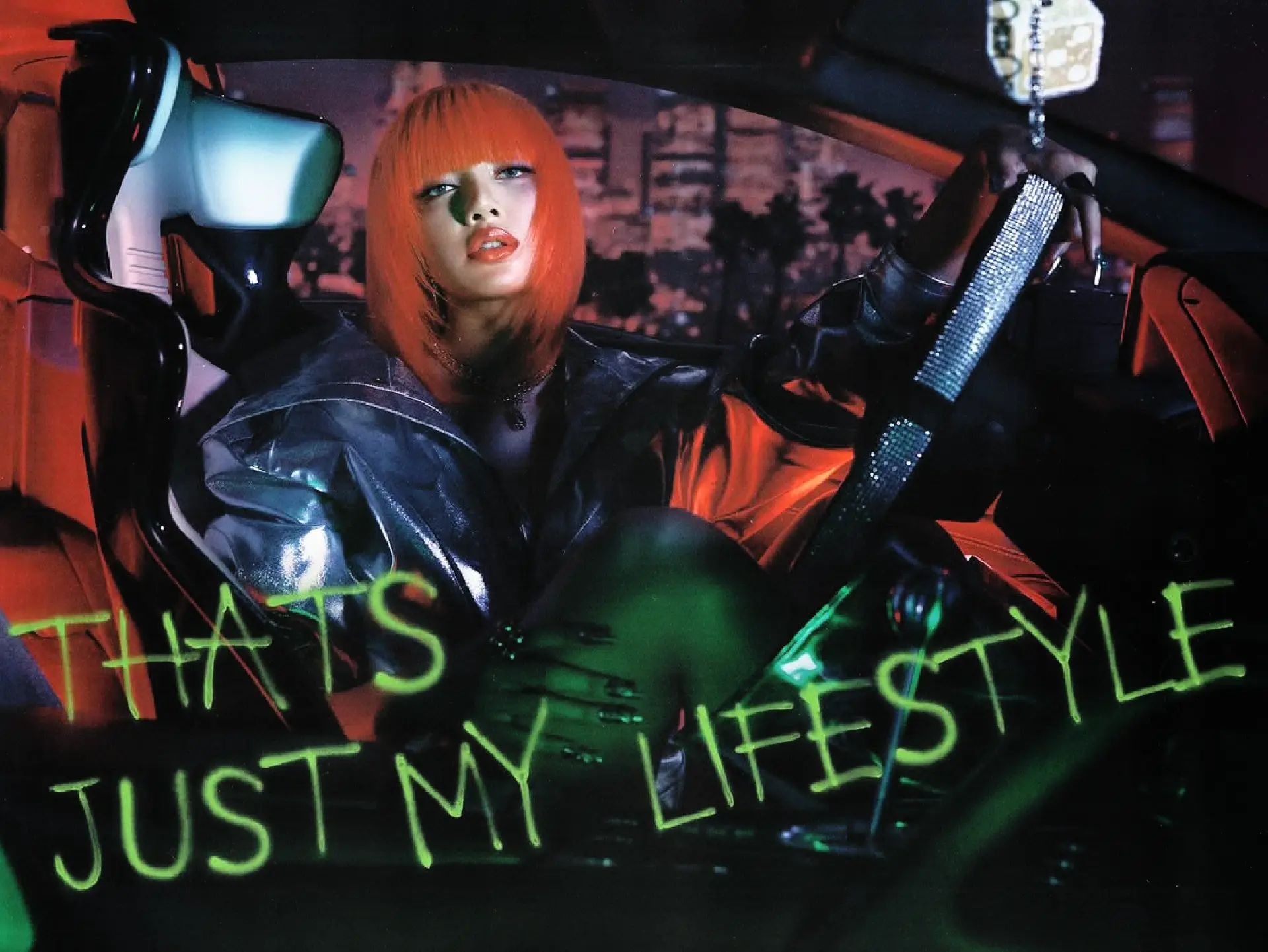 Lalisa — neon lifestyle portrait inside a car