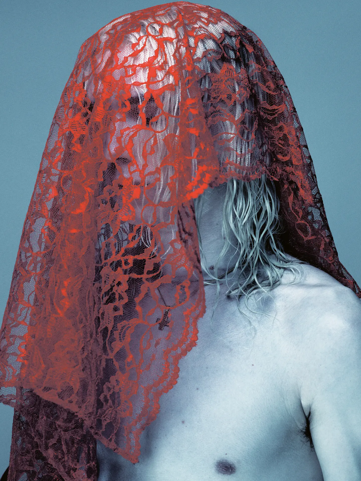 2Hollis — portrait veiled in red lace against blue