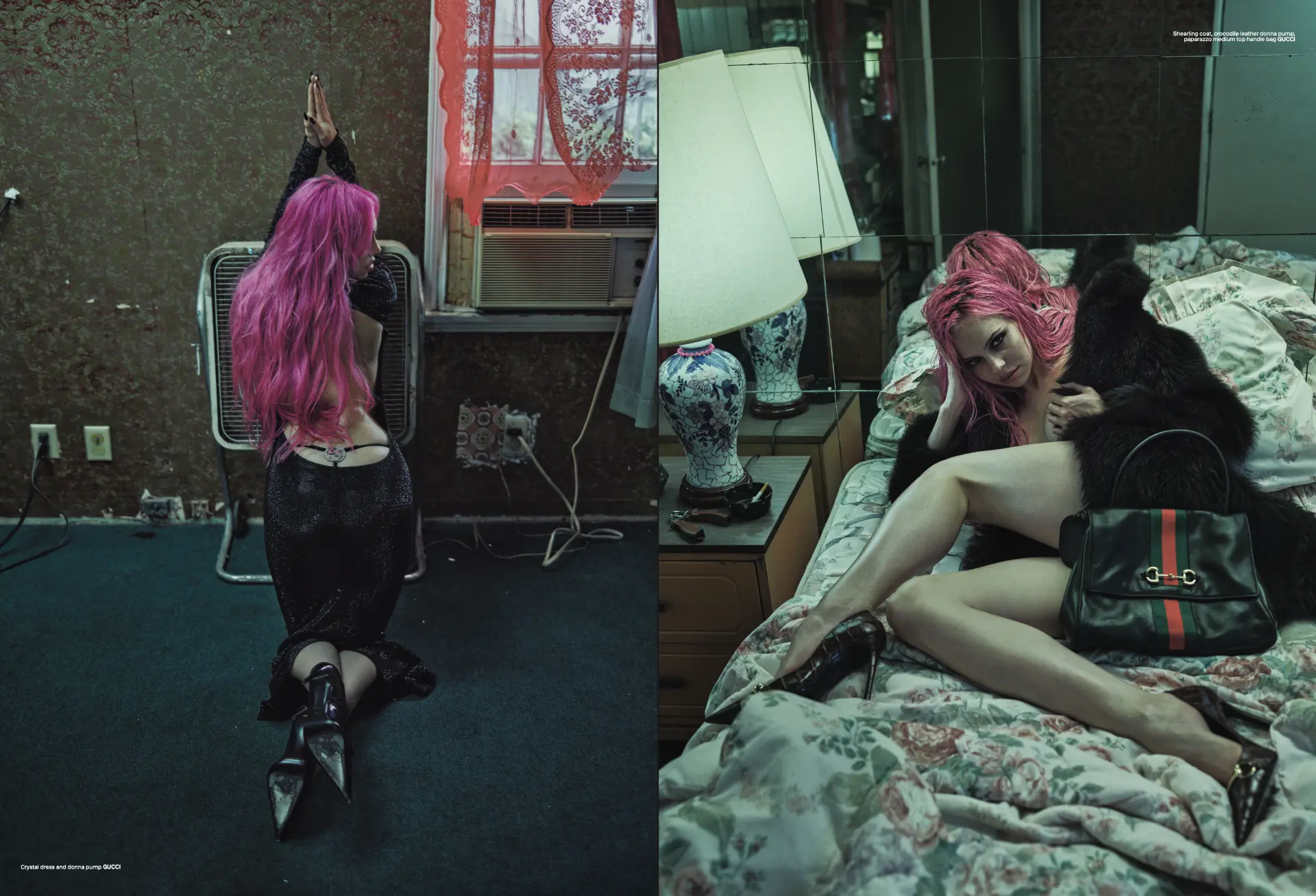 ADÉLA — V Magazine diptych spread kneeling by a fan and reclining on a motel bed
