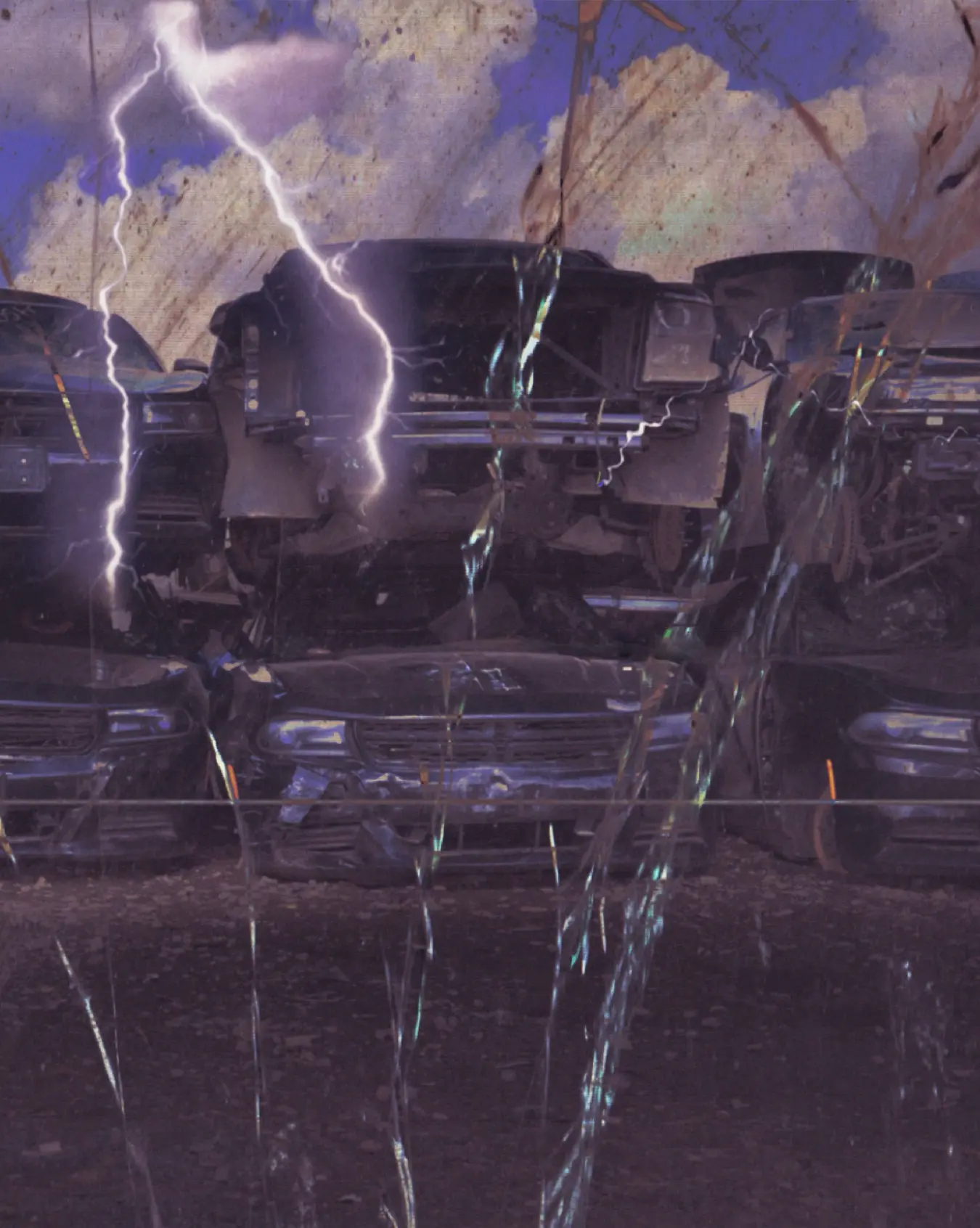 DEFTONES x 032c — wrecked cars beneath a lightning storm
