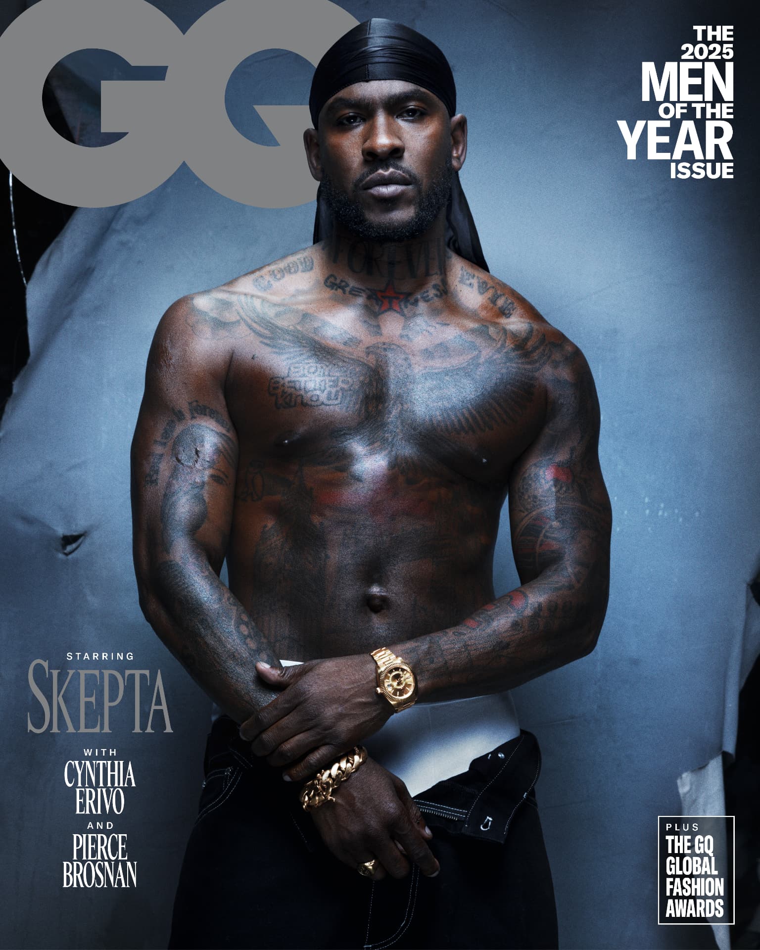 SKEPTA x GQ MOTY — GQ Dec/Jan cover, shirtless portrait with gold watch