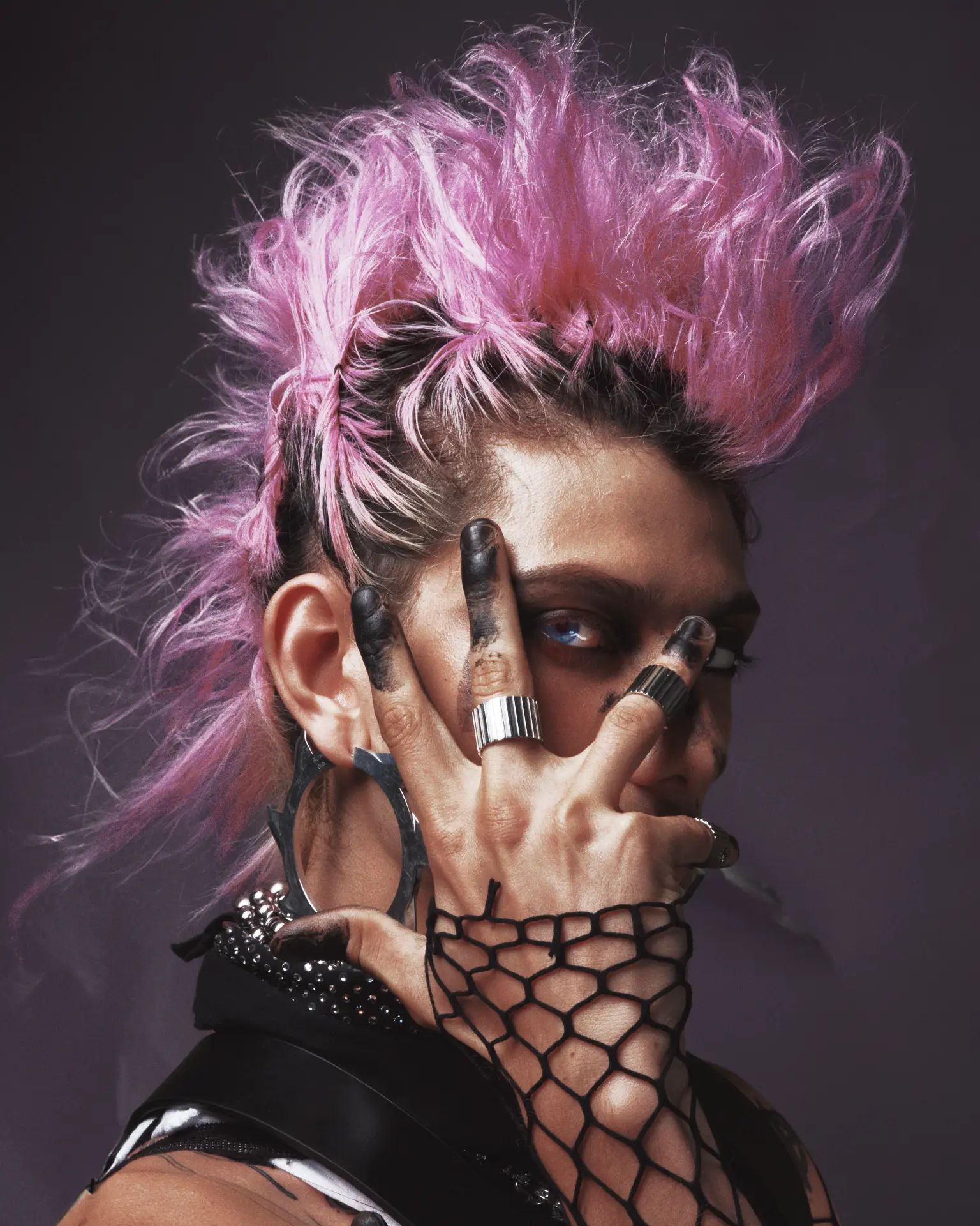 Charles portrait with pink spiked hair and black finger paint