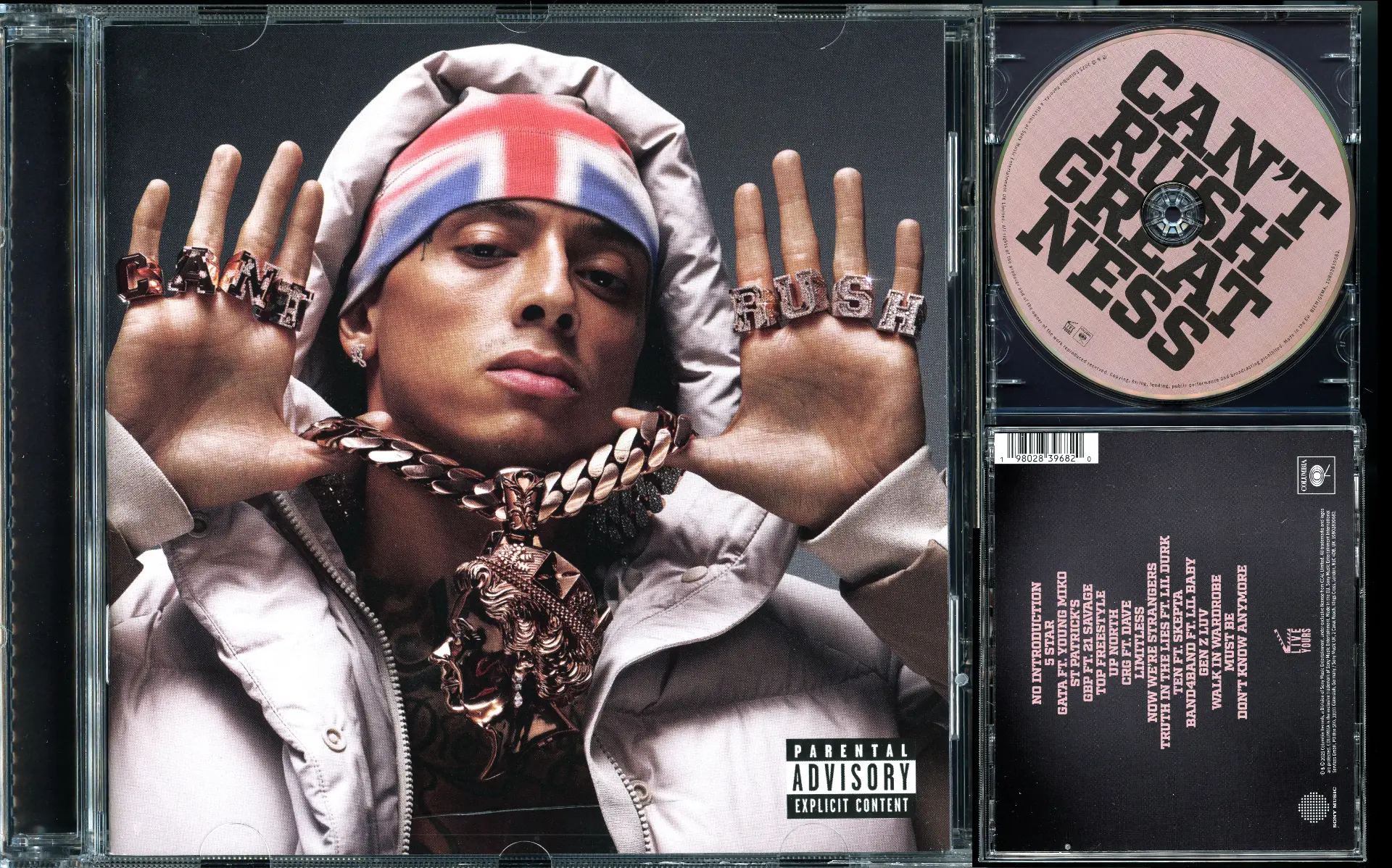 Central Cee — Can't Rush Greatness album CD case spread with Union Jack beanie and Parental Advisory