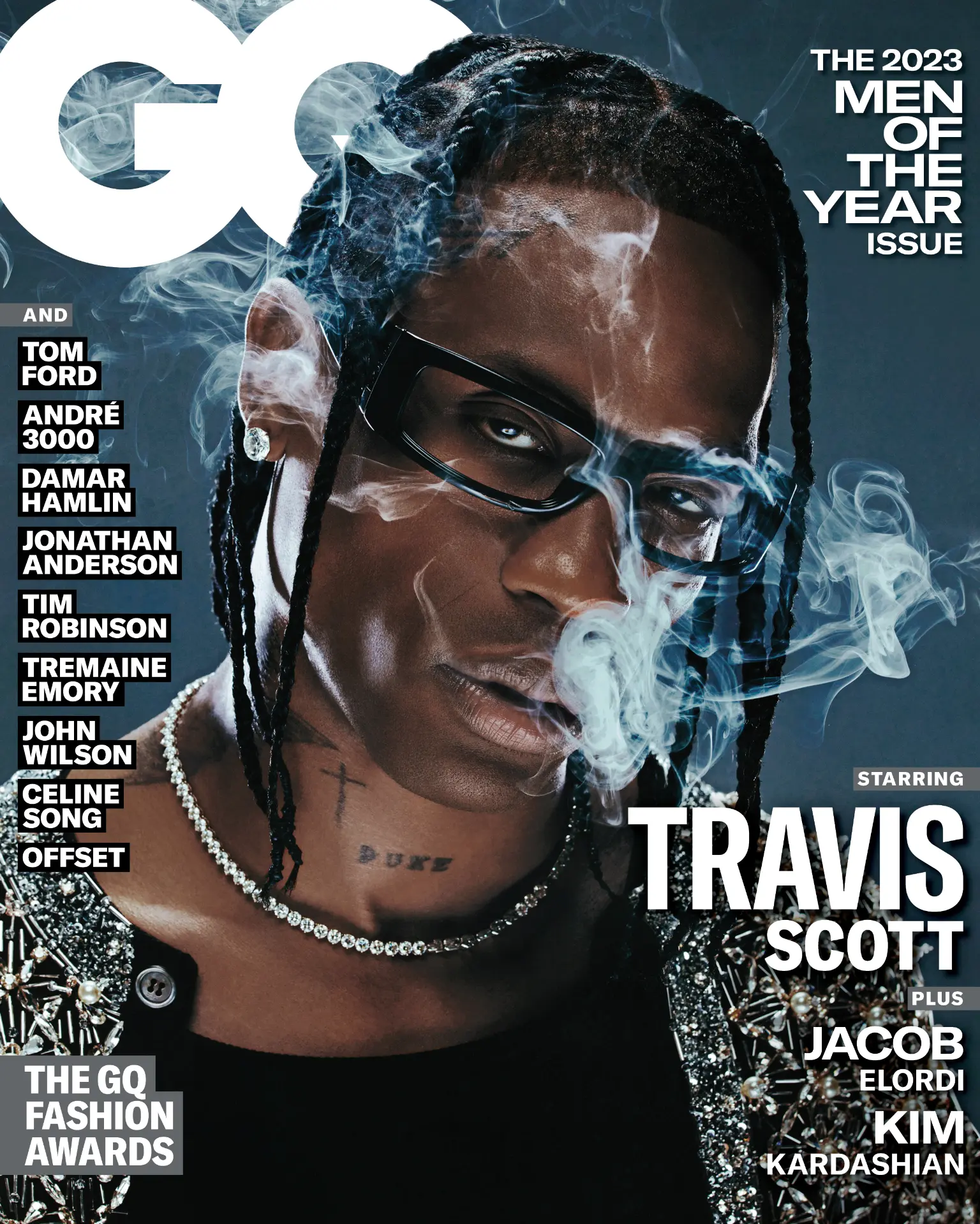 Travis Scott — GQ Men of the Year cover with smoke and crystal-embellished jacket