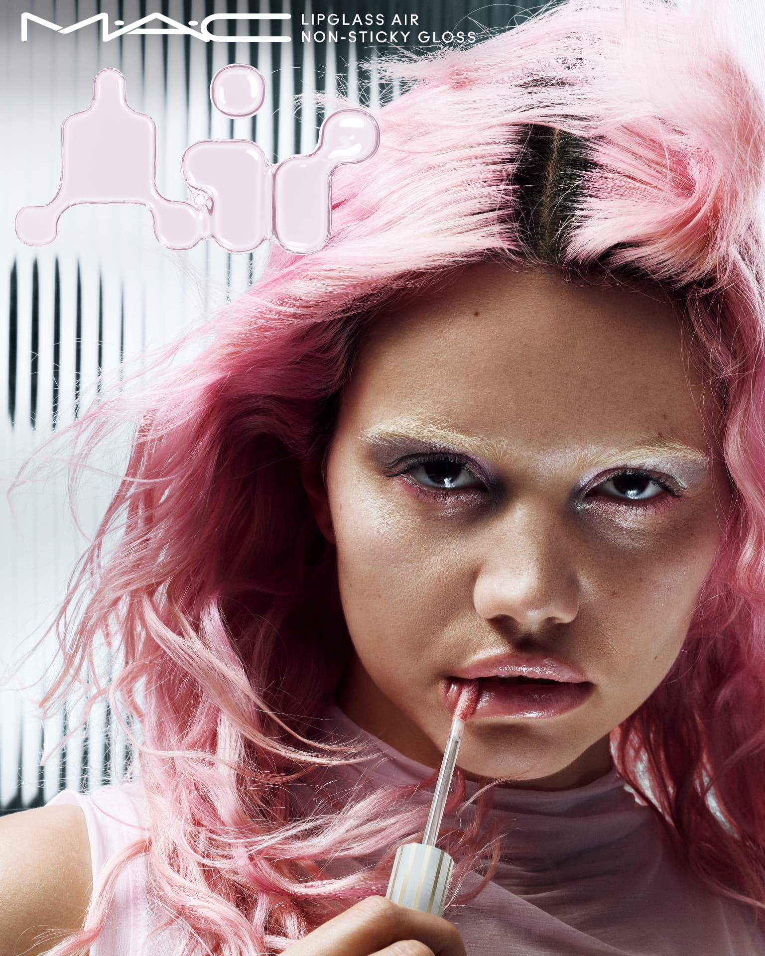 MAC Lipglass Air — pink-haired portrait with lip gloss wand